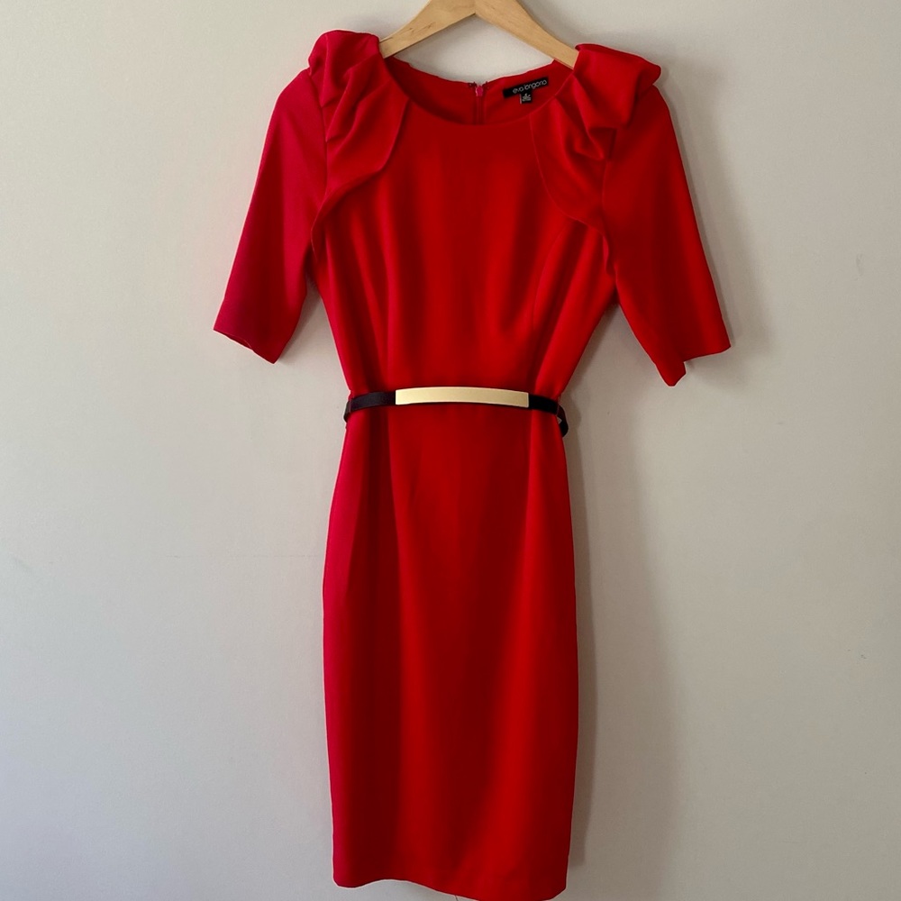 Red Eva Longoria for The Limited sheath dress, ruffled shoulder. Size 2